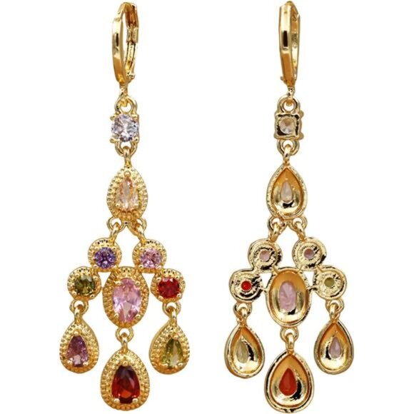 18K Gold Plated Rainbow Gemstone Flower Dangle Earrings - Picture 3 of 3